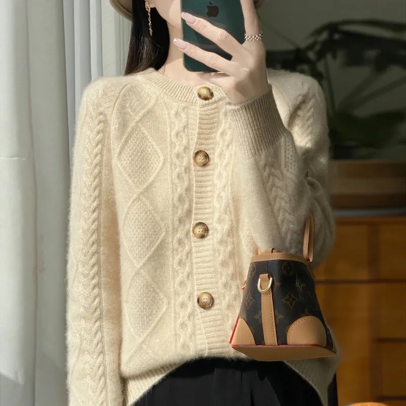1pc Autumn Winter New Women's Clothing 100% Pure Wool Round Neck Knitted Cardigan Fashion Twisted Flower Long Sleeve Tops Warm Shirt