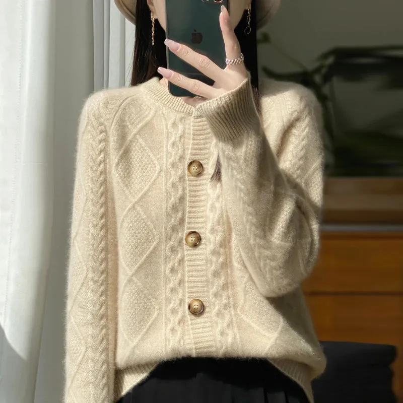1pc Autumn Winter New Women's Clothing 100% Pure Wool Round Neck Knitted Cardigan Fashion Twisted Flower Long Sleeve Tops Warm Shirt