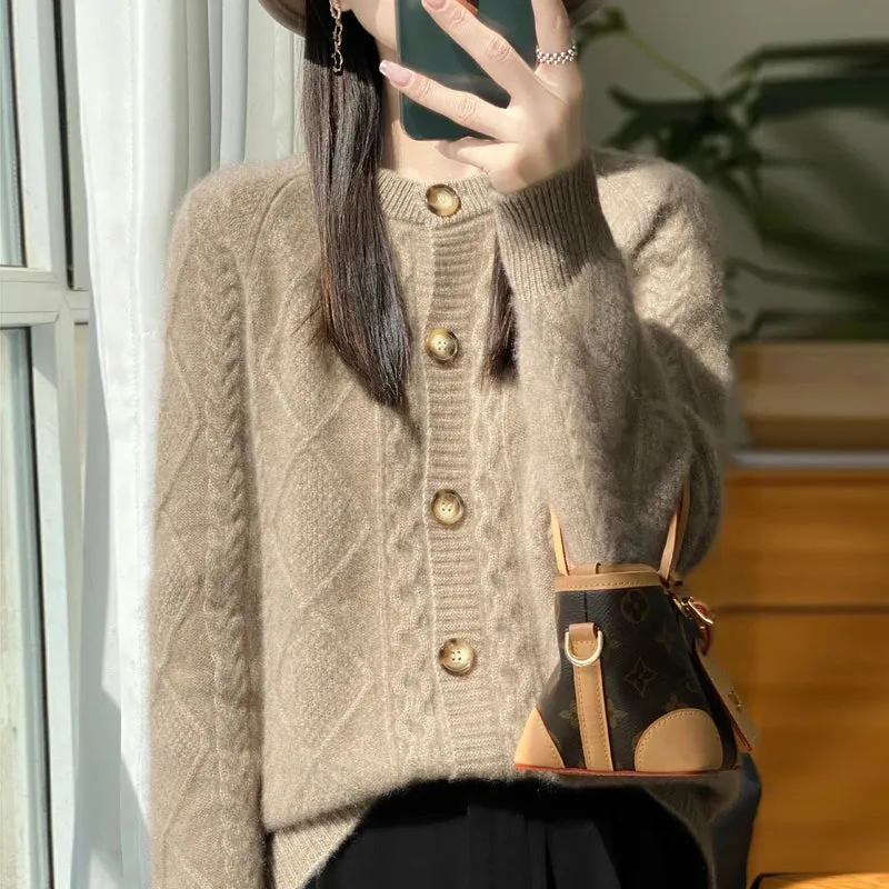 1pc Autumn Winter New Women's Clothing 100% Pure Wool Round Neck Knitted Cardigan Fashion Twisted Flower Long Sleeve Tops Warm Shirt