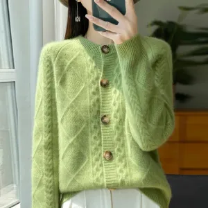 1pc Autumn Winter New Women's Clothing 100% Pure Wool Round Neck Knitted Cardigan Fashion Twisted Flower Long Sleeve Tops Warm Shirt