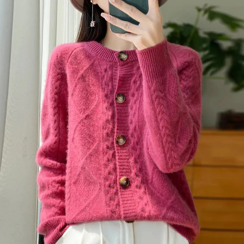 1pc Autumn Winter New Women's Clothing 100% Pure Wool Round Neck Knitted Cardigan Fashion Twisted Flower Long Sleeve Tops Warm Shirt
