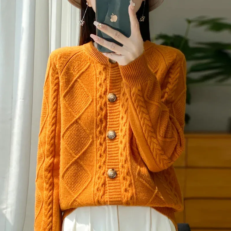 1pc Autumn Winter New Women's Clothing 100% Pure Wool Round Neck Knitted Cardigan Fashion Twisted Flower Long Sleeve Tops Warm Shirt