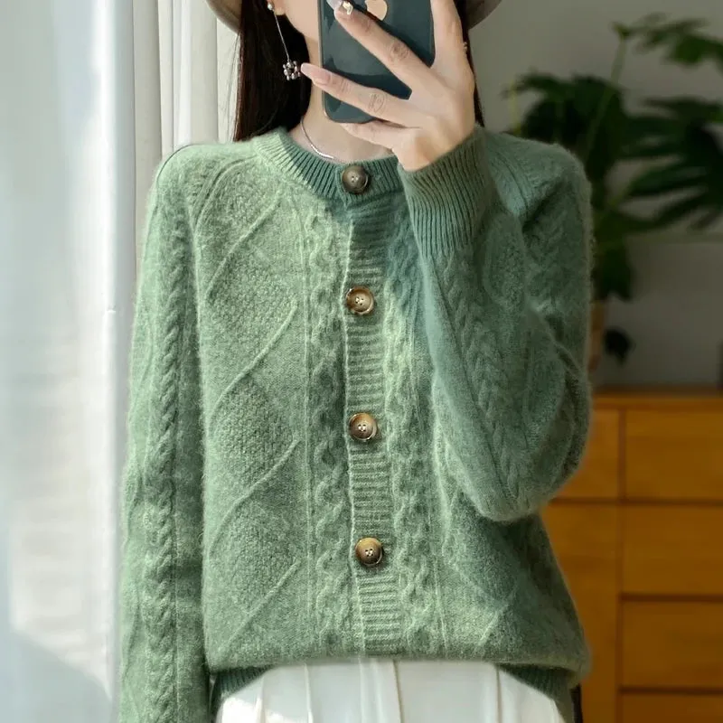 1pc Autumn Winter New Women's Clothing 100% Pure Wool Round Neck Knitted Cardigan Fashion Twisted Flower Long Sleeve Tops Warm Shirt