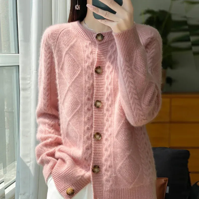 1pc Autumn Winter New Women's Clothing 100% Pure Wool Round Neck Knitted Cardigan Fashion Twisted Flower Long Sleeve Tops Warm Shirt