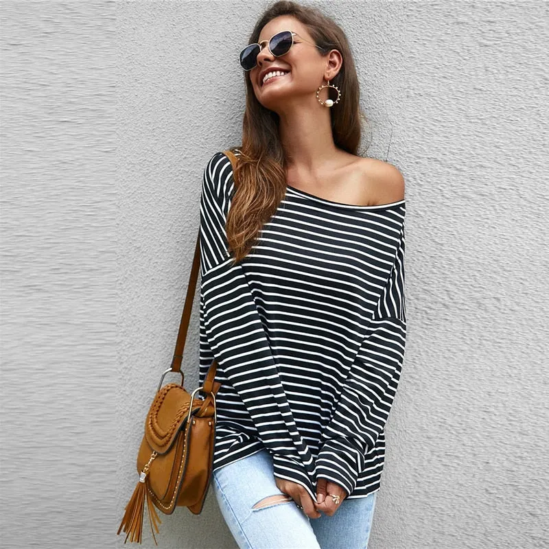 505 Acorn-  Striped Dropped Shoulder Tee with Off Shoulder option