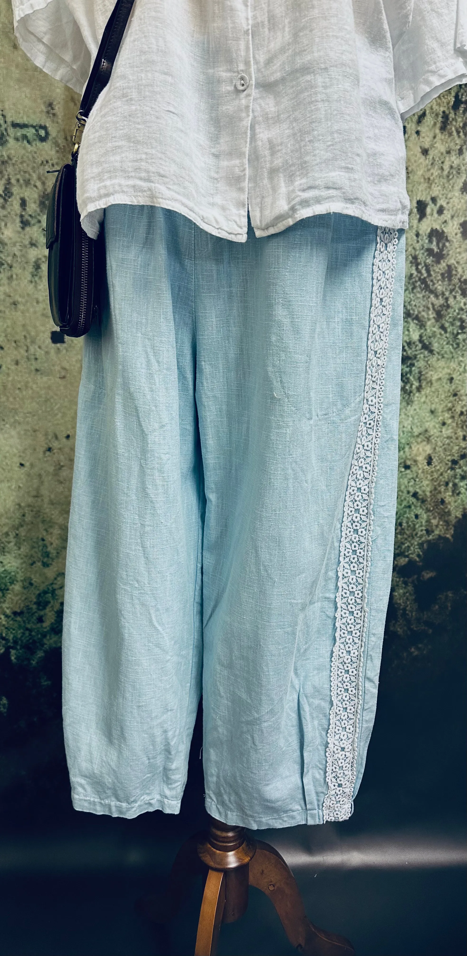 #5302 Soft blue linen pants with lace detail