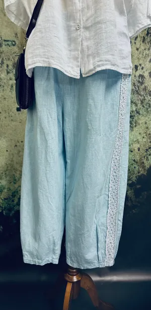 #5302 Soft blue linen pants with lace detail