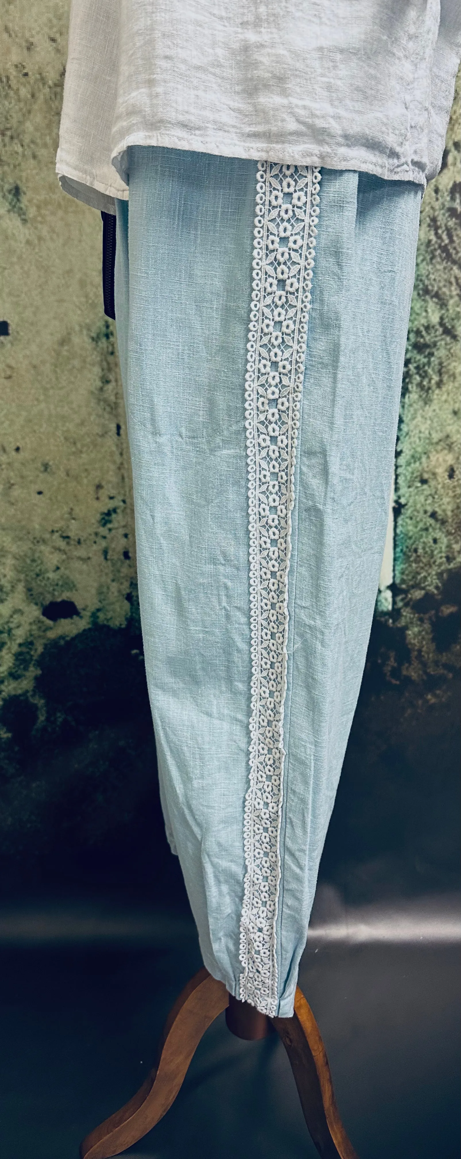 #5302 Soft blue linen pants with lace detail