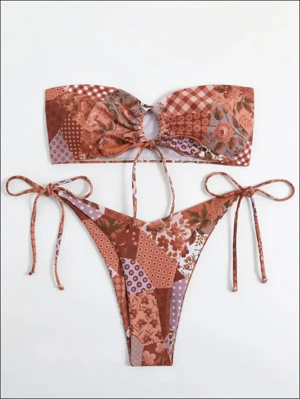 Allover print tie side bikini swimsuit