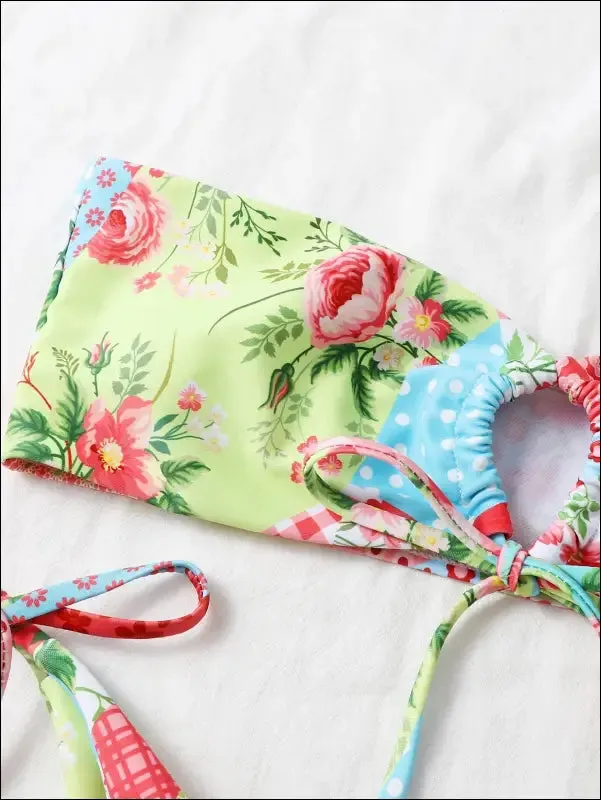 Allover print tie side bikini swimsuit