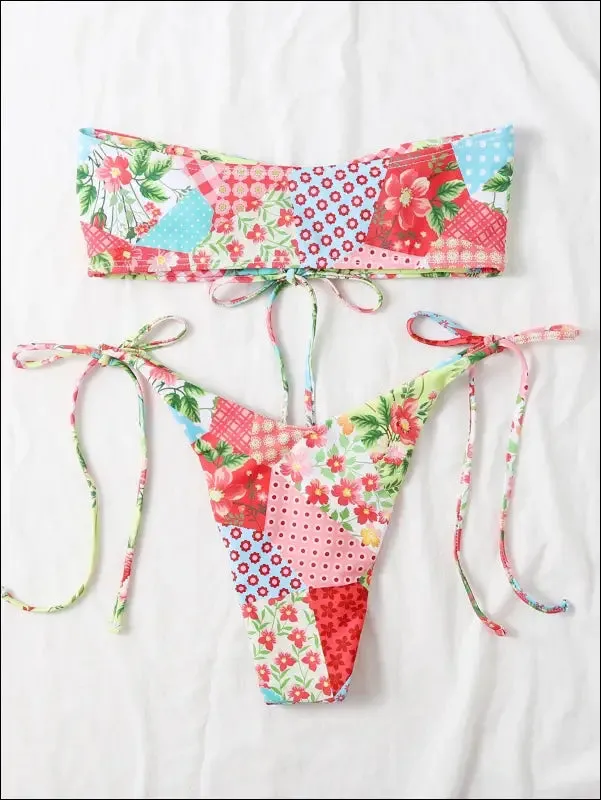 Allover print tie side bikini swimsuit