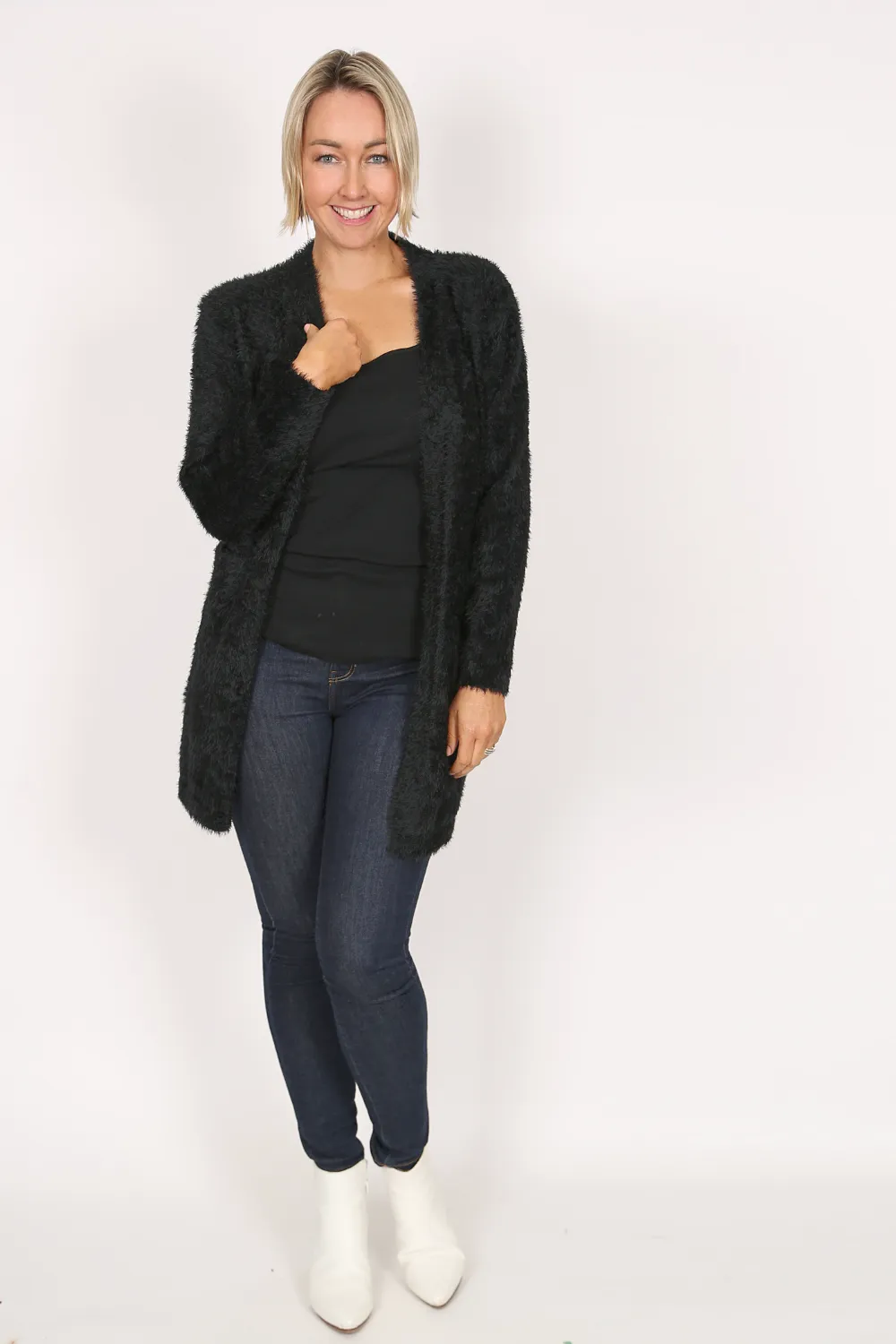 AMARA Black Open Knit Fluffy Cardigan