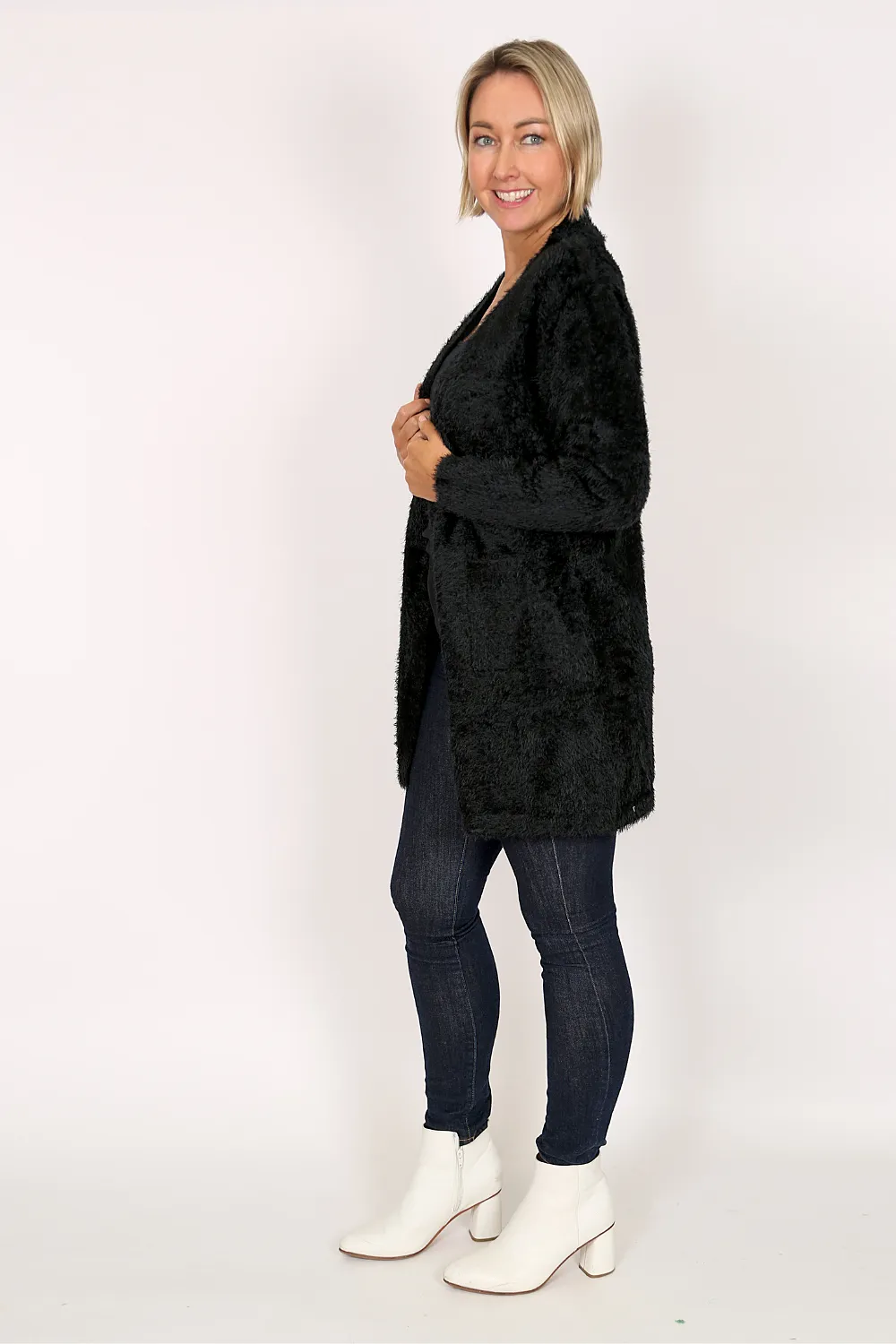 AMARA Black Open Knit Fluffy Cardigan
