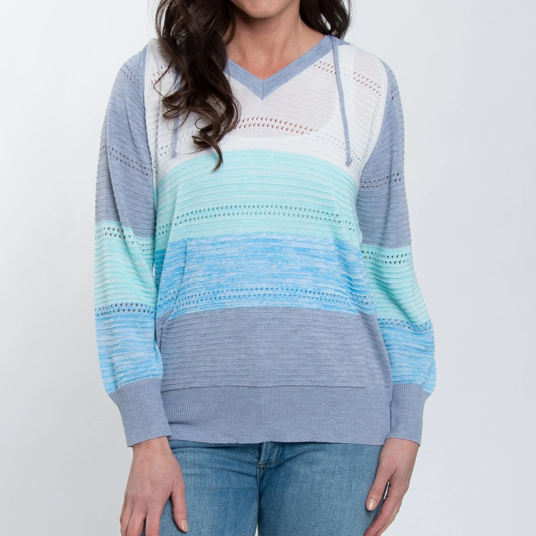Avalon Crochet Color Block Hooded Pullover