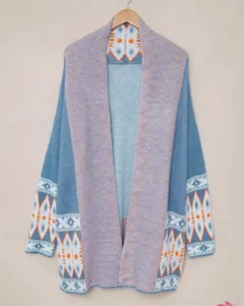 Aztec Geometric Print Longline Knit Cardigan