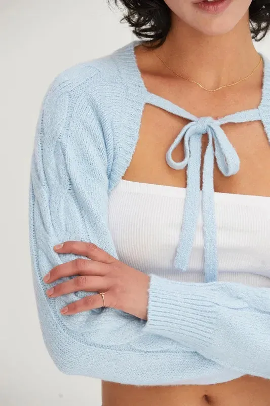 Baby Blue Cable Knit Tie Front Shrug