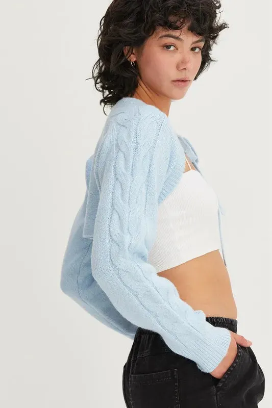 Baby Blue Cable Knit Tie Front Shrug
