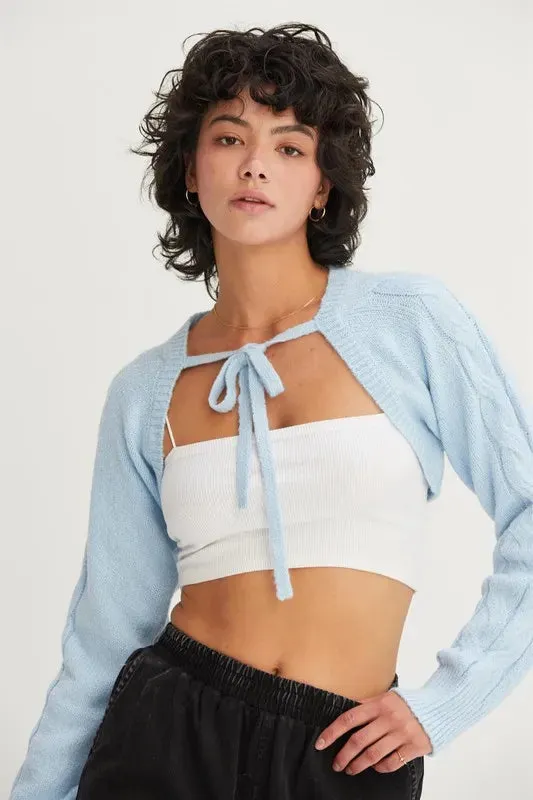 Baby Blue Cable Knit Tie Front Shrug