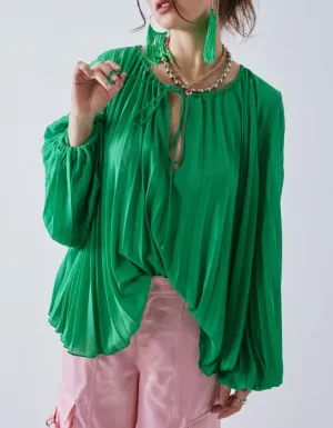 Balloon Sleeve Pleated Front Tie Top
