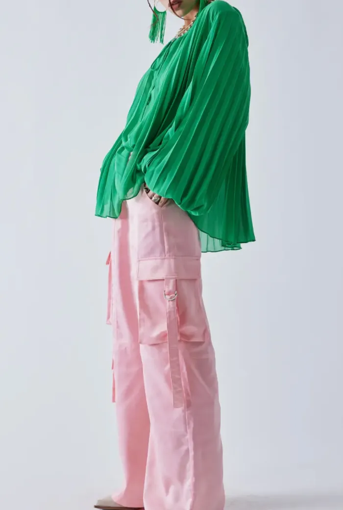 Balloon Sleeve Pleated Front Tie Top