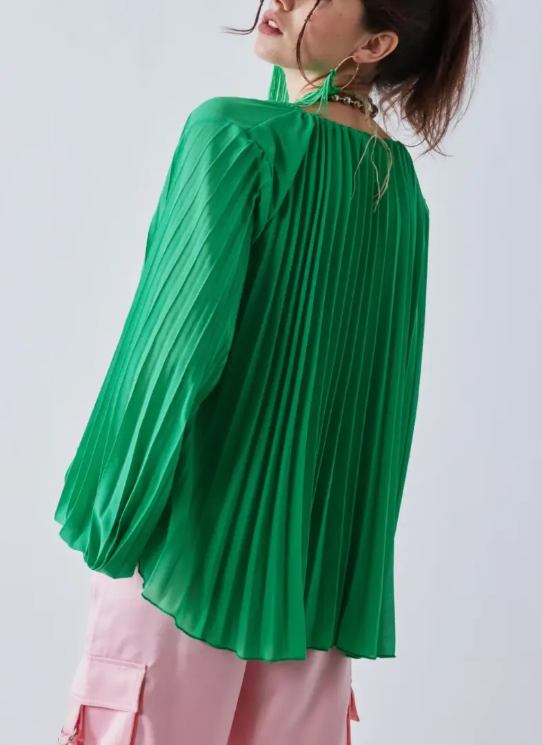 Balloon Sleeve Pleated Front Tie Top