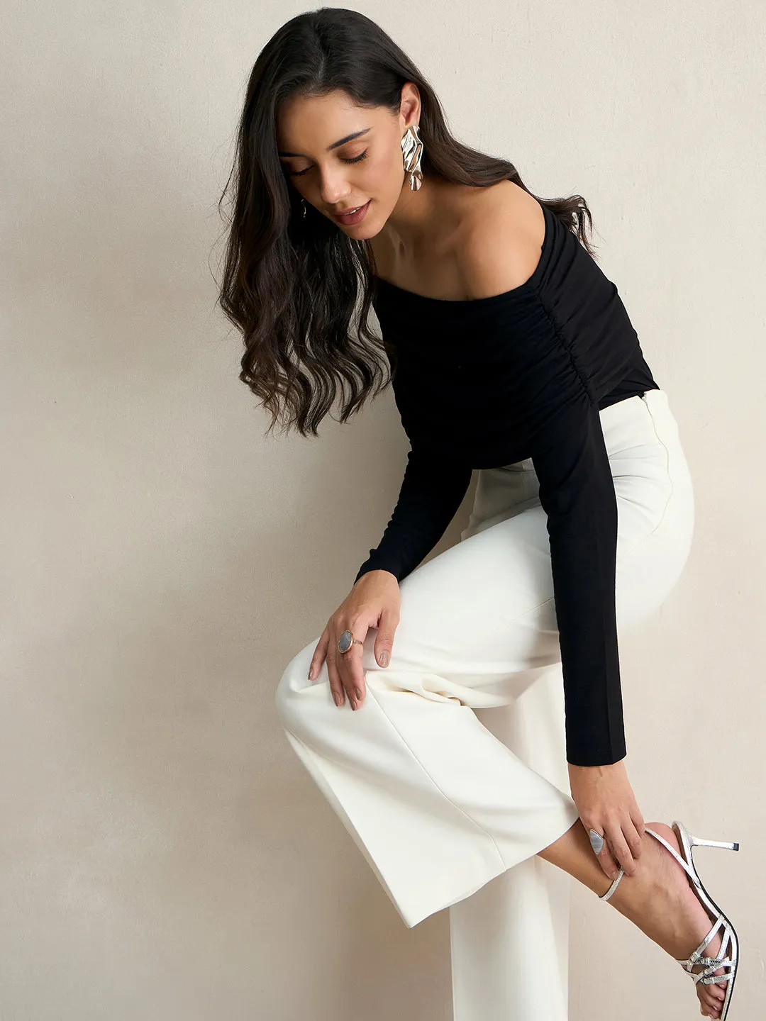 Bamboo Black Knit Bandeau Ruched Detail Top