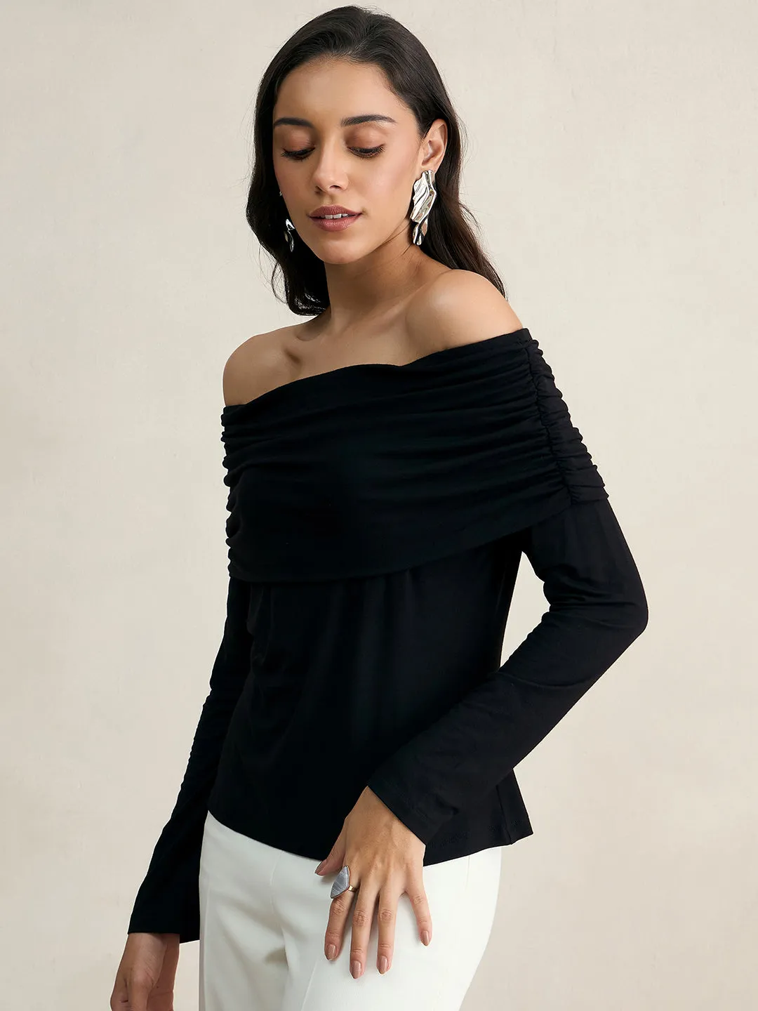Bamboo Black Knit Bandeau Ruched Detail Top