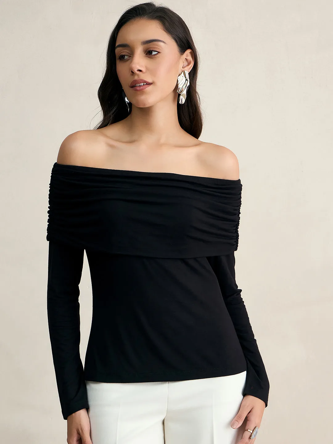 Bamboo Black Knit Bandeau Ruched Detail Top