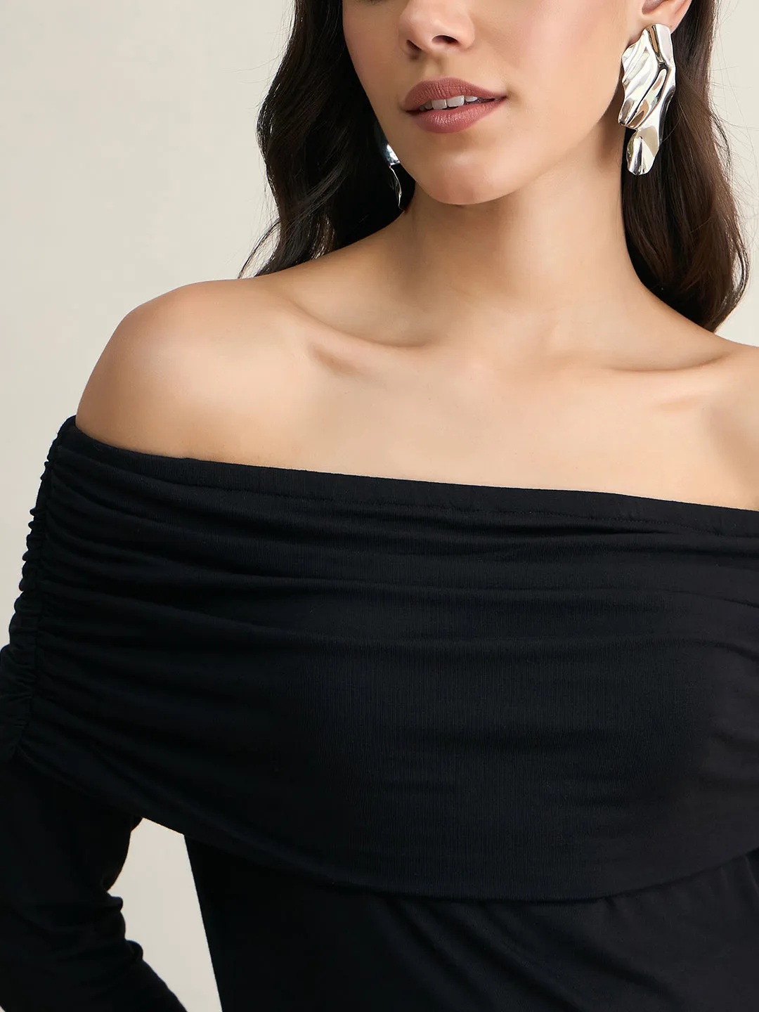 Bamboo Black Knit Bandeau Ruched Detail Top