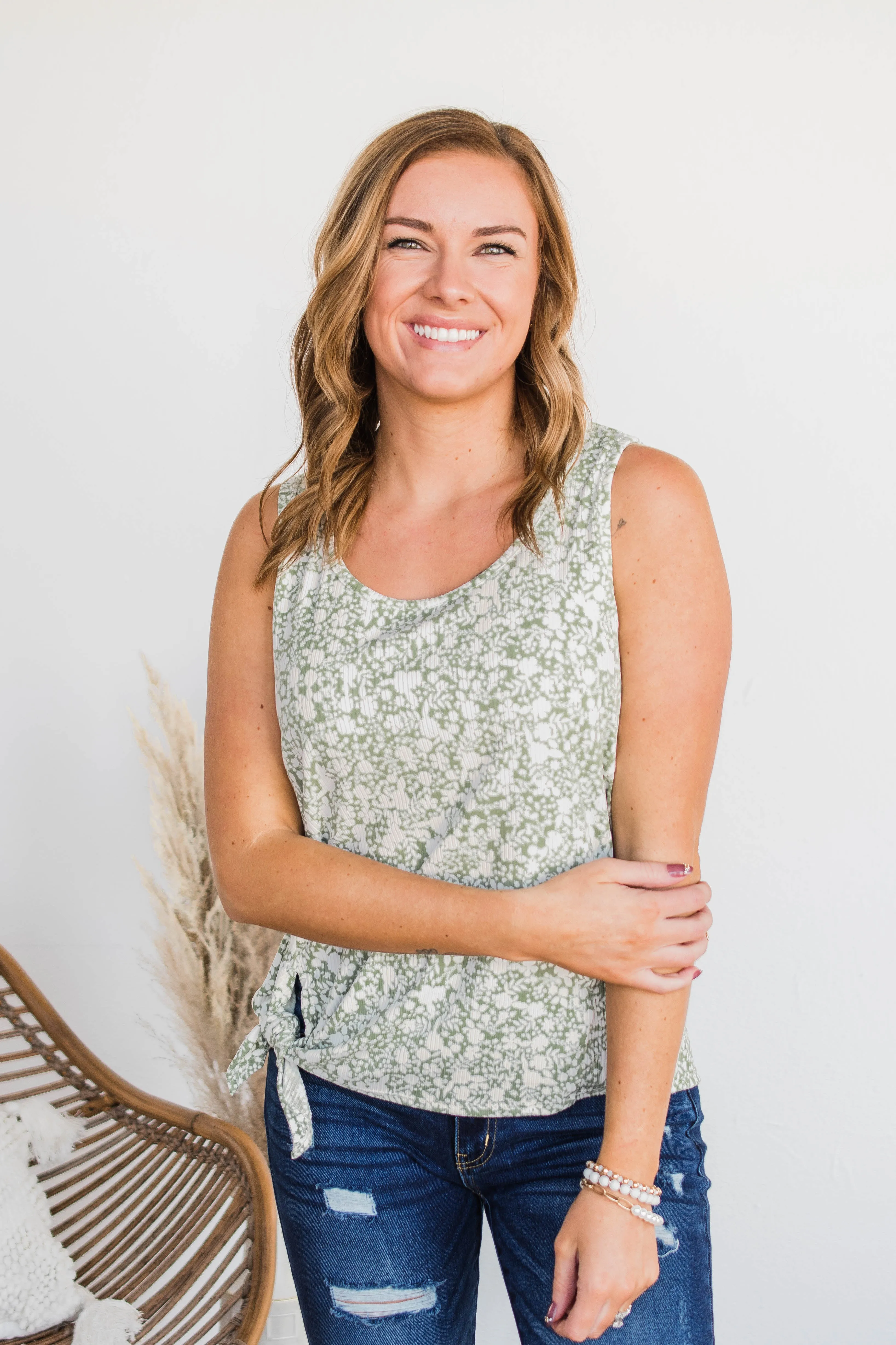Beautiful World Front Tie Floral Tank- Sage
