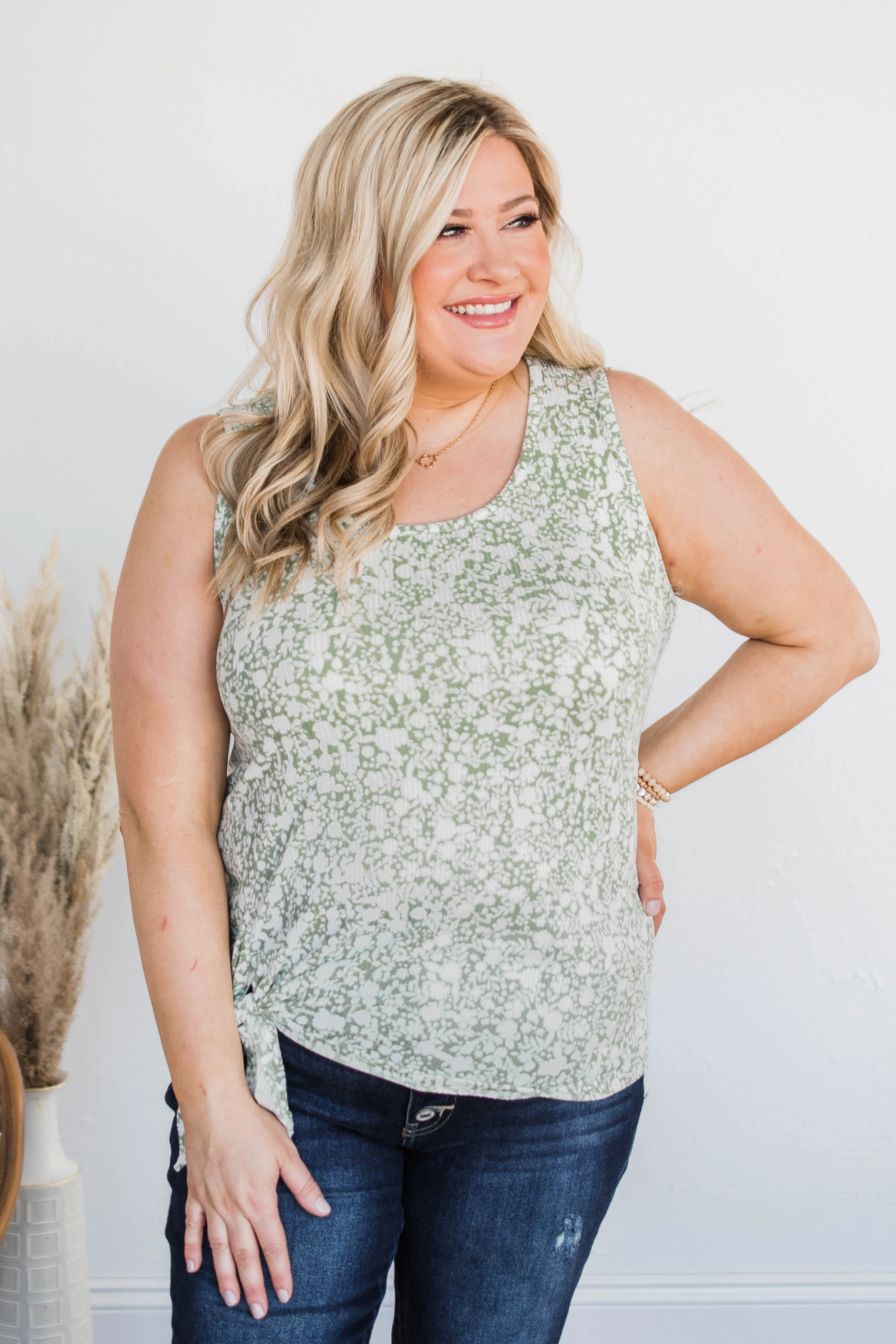Beautiful World Front Tie Floral Tank- Sage
