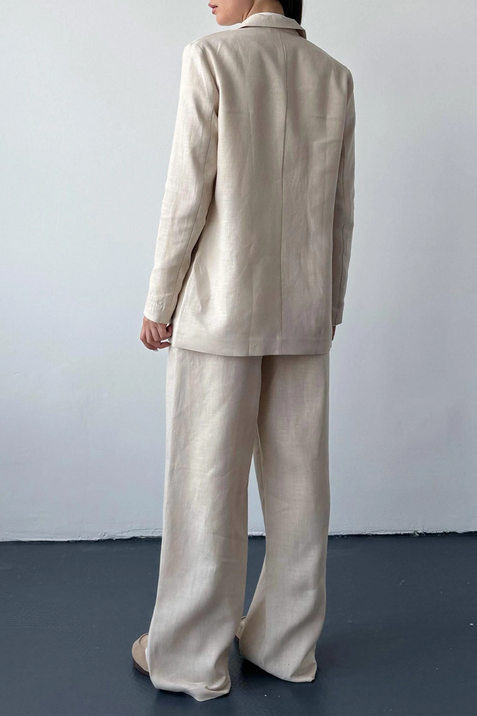 Beige 2 Piece Spring Summer Notch Lapel Linen Women Suit