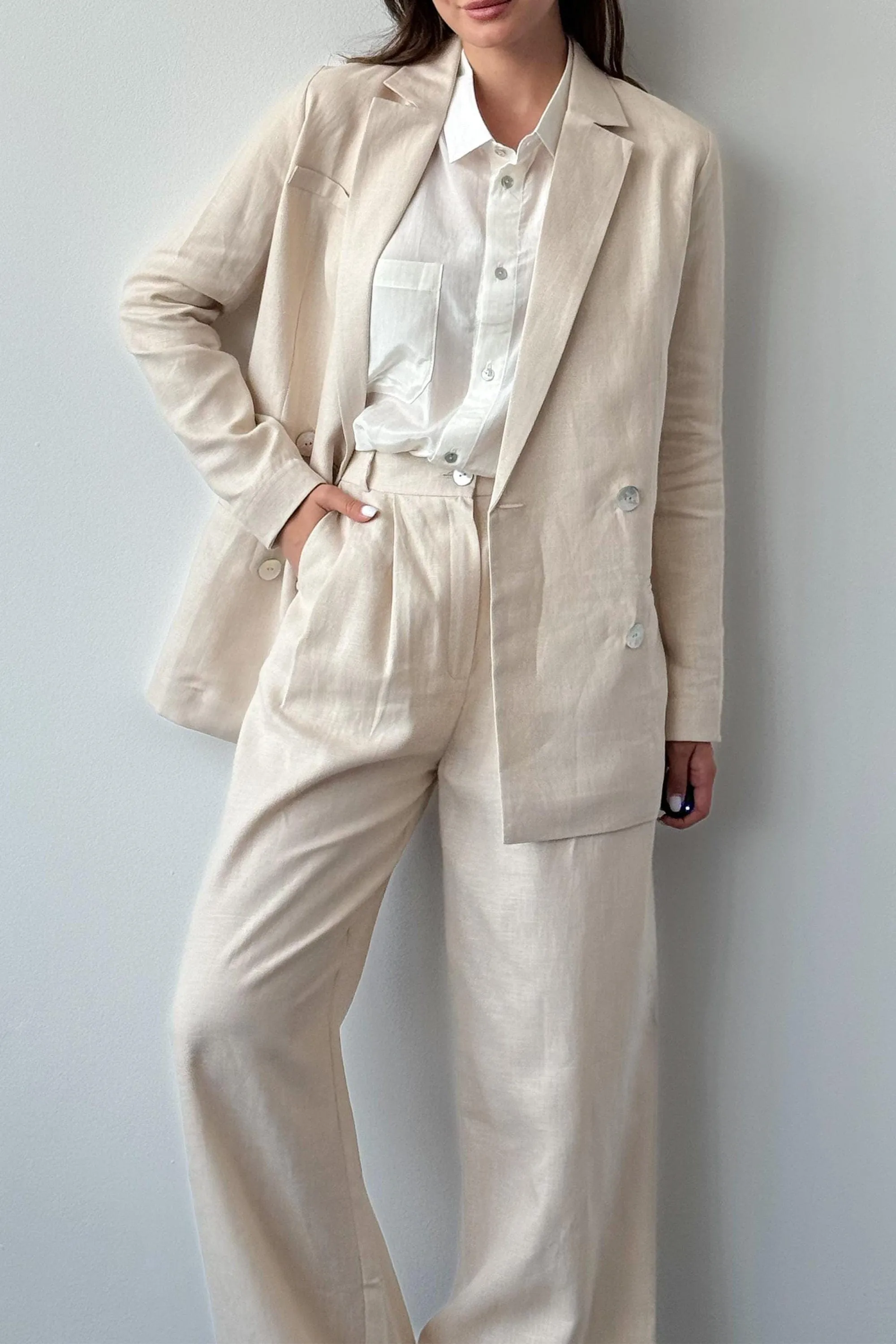 Beige 2 Piece Spring Summer Notch Lapel Linen Women Suit