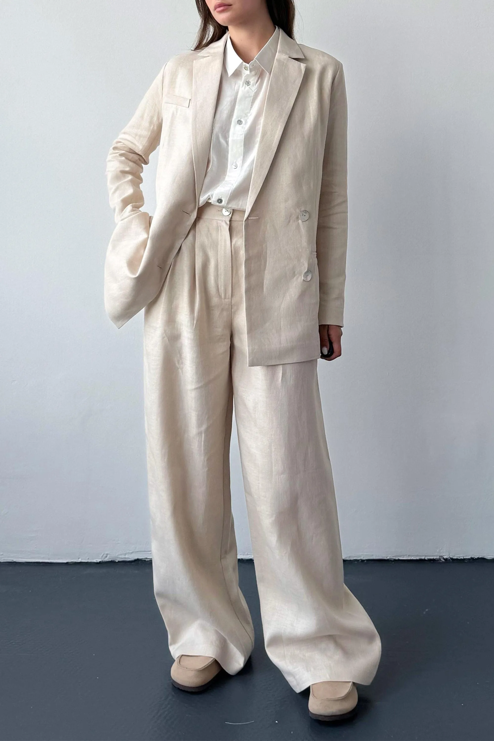 Beige 2 Piece Spring Summer Notch Lapel Linen Women Suit