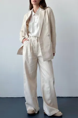 Beige 2 Piece Spring Summer Notch Lapel Linen Women Suit