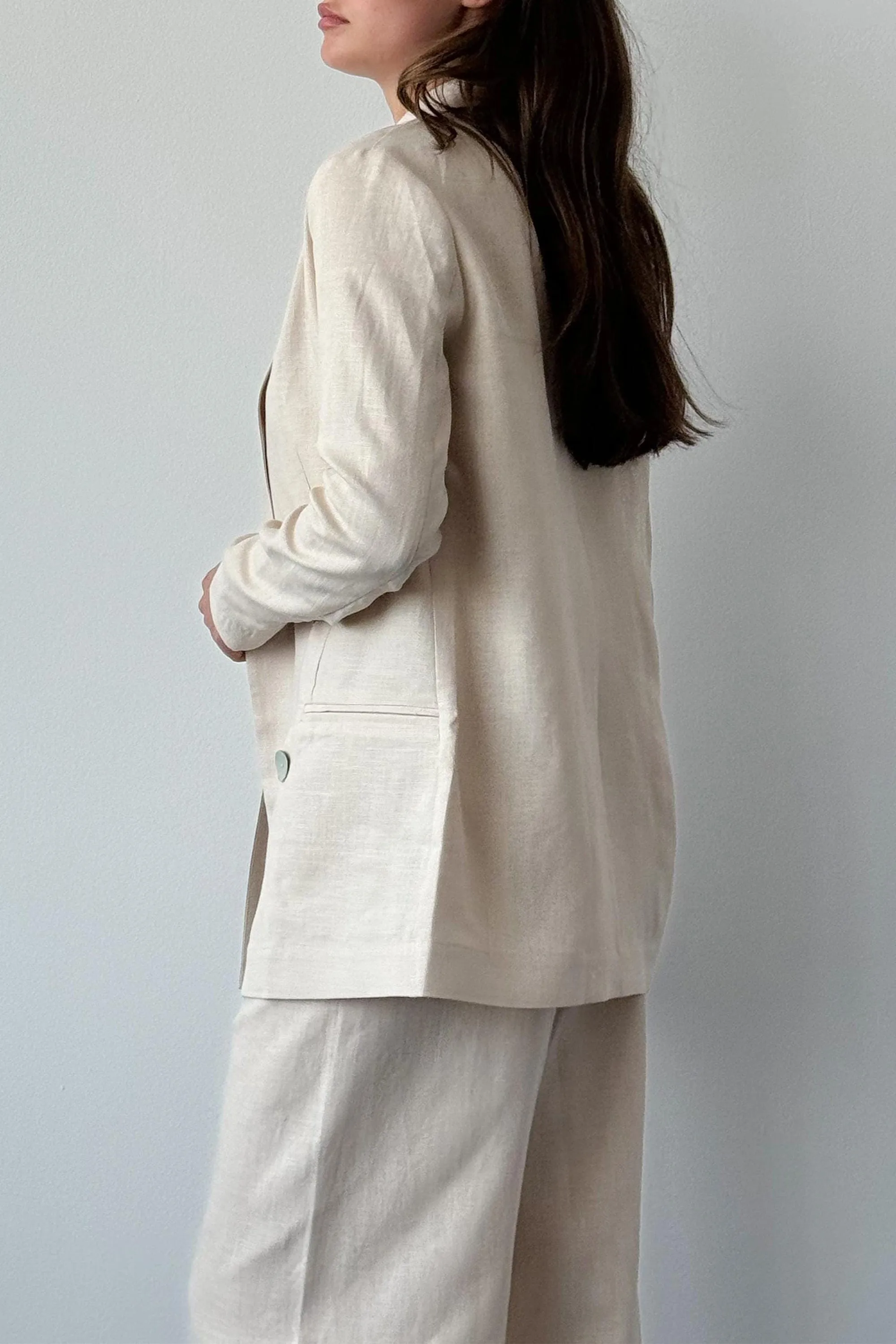 Beige 2 Piece Spring Summer Notch Lapel Linen Women Suit