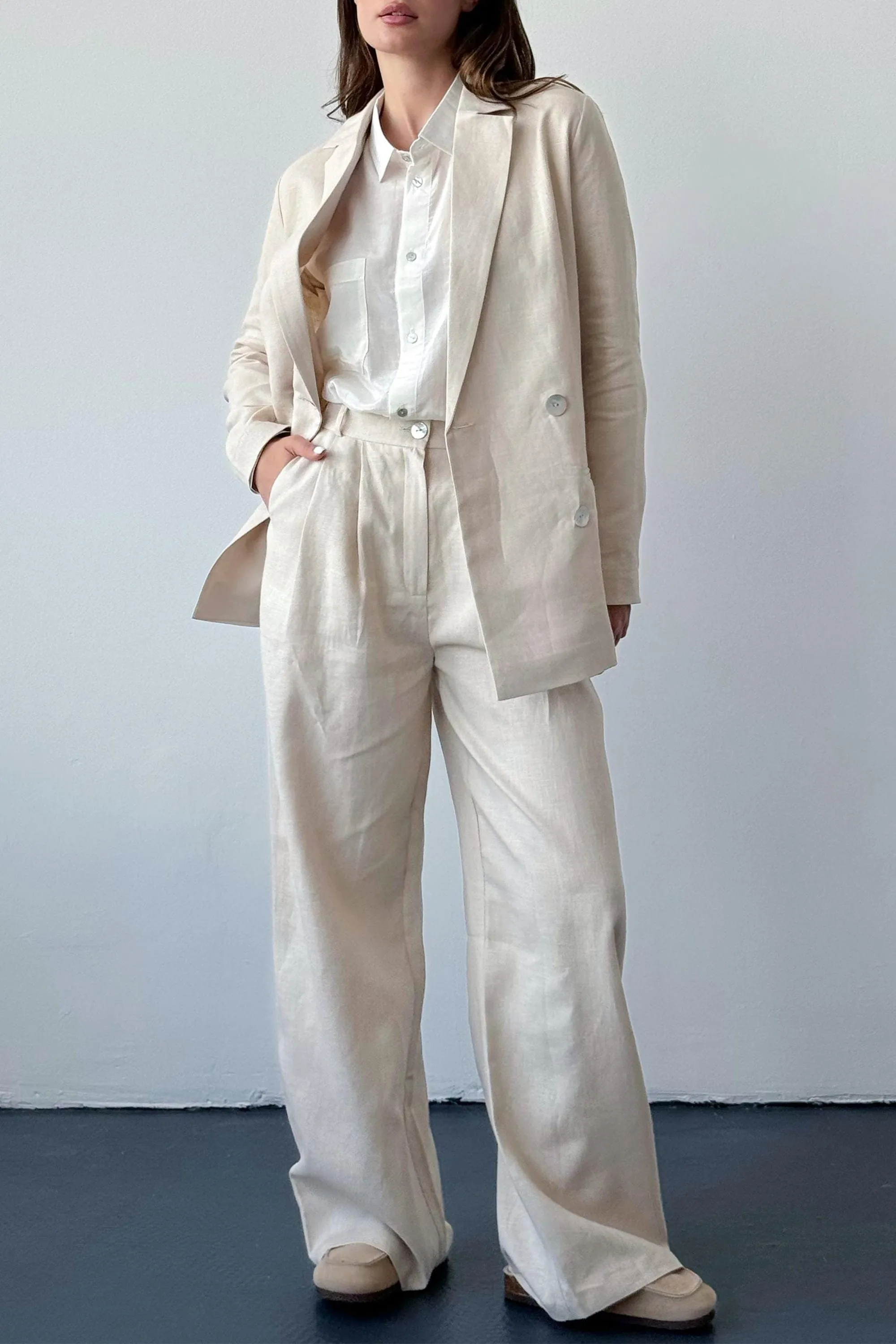 Beige 2 Piece Spring Summer Notch Lapel Linen Women Suit