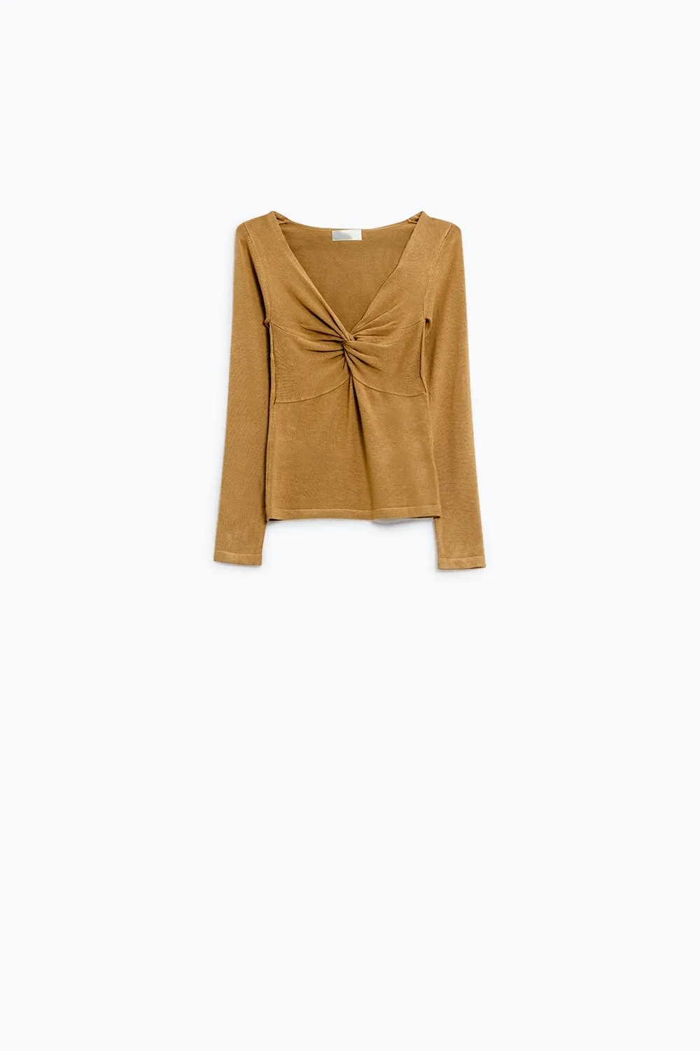 Beige Long Sleeve Shirt With Knot Detail and V-neck