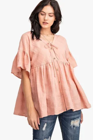 Bell Slvs Textured Cotton Gauze Button Front Tunic