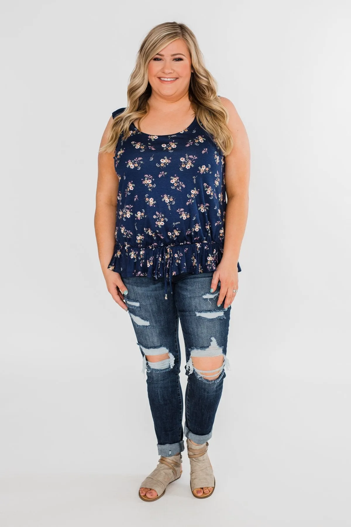 Belong With You Cinch Waist Floral Tank Top- Navy