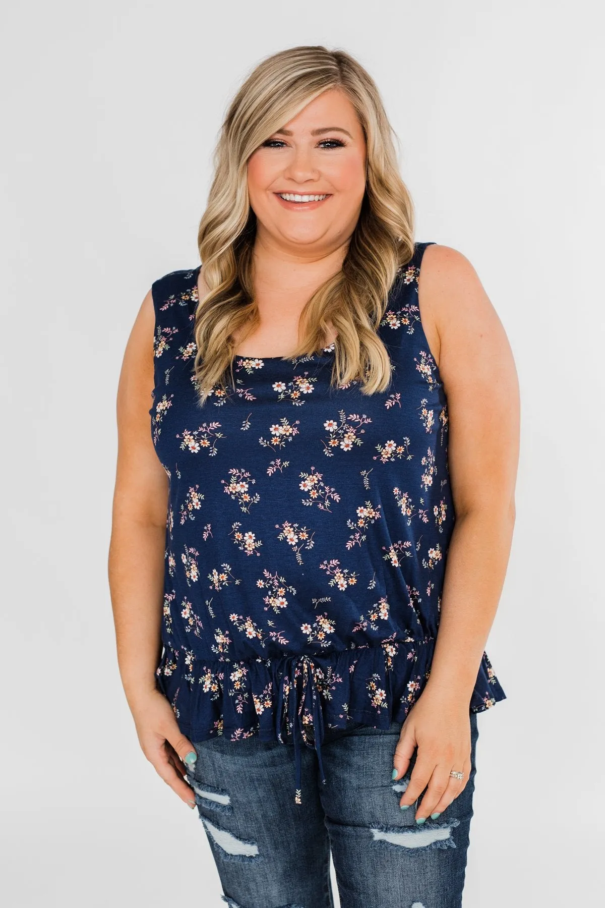 Belong With You Cinch Waist Floral Tank Top- Navy