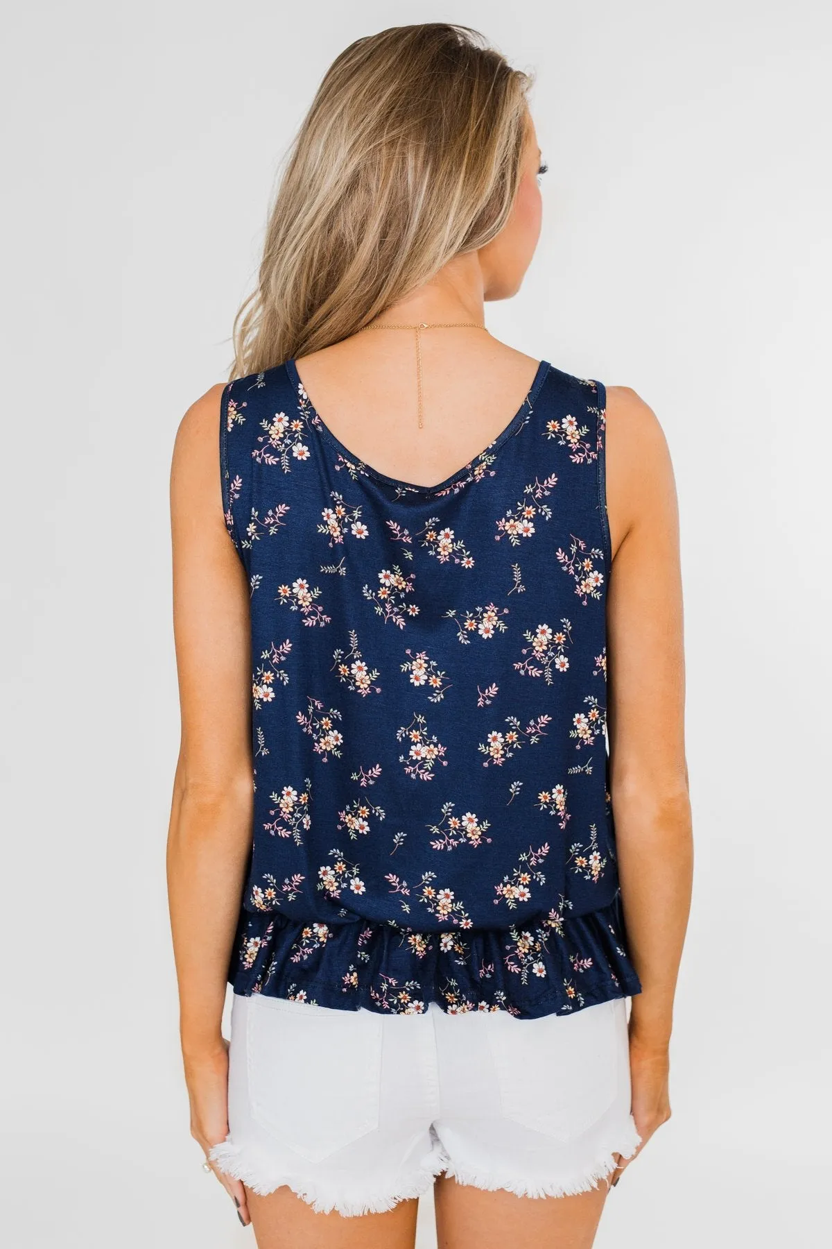 Belong With You Cinch Waist Floral Tank Top- Navy