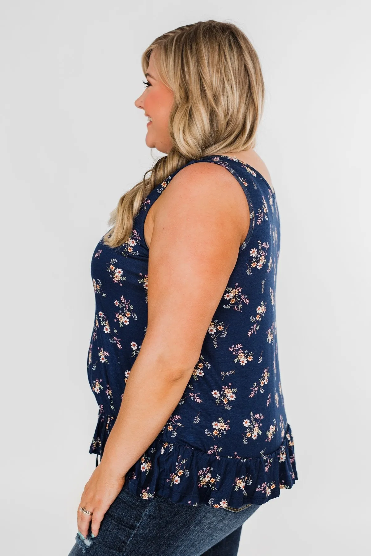 Belong With You Cinch Waist Floral Tank Top- Navy