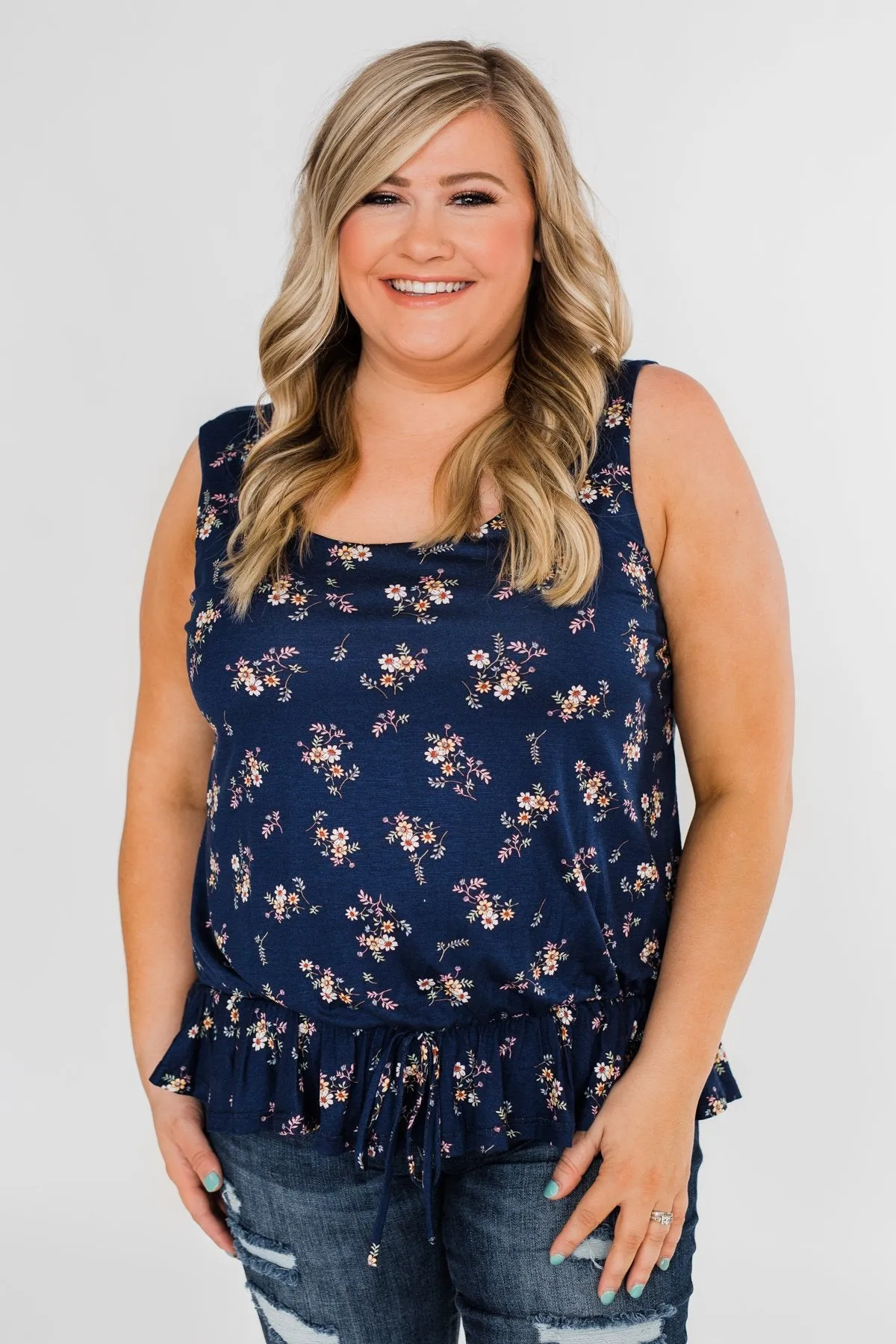 Belong With You Cinch Waist Floral Tank Top- Navy