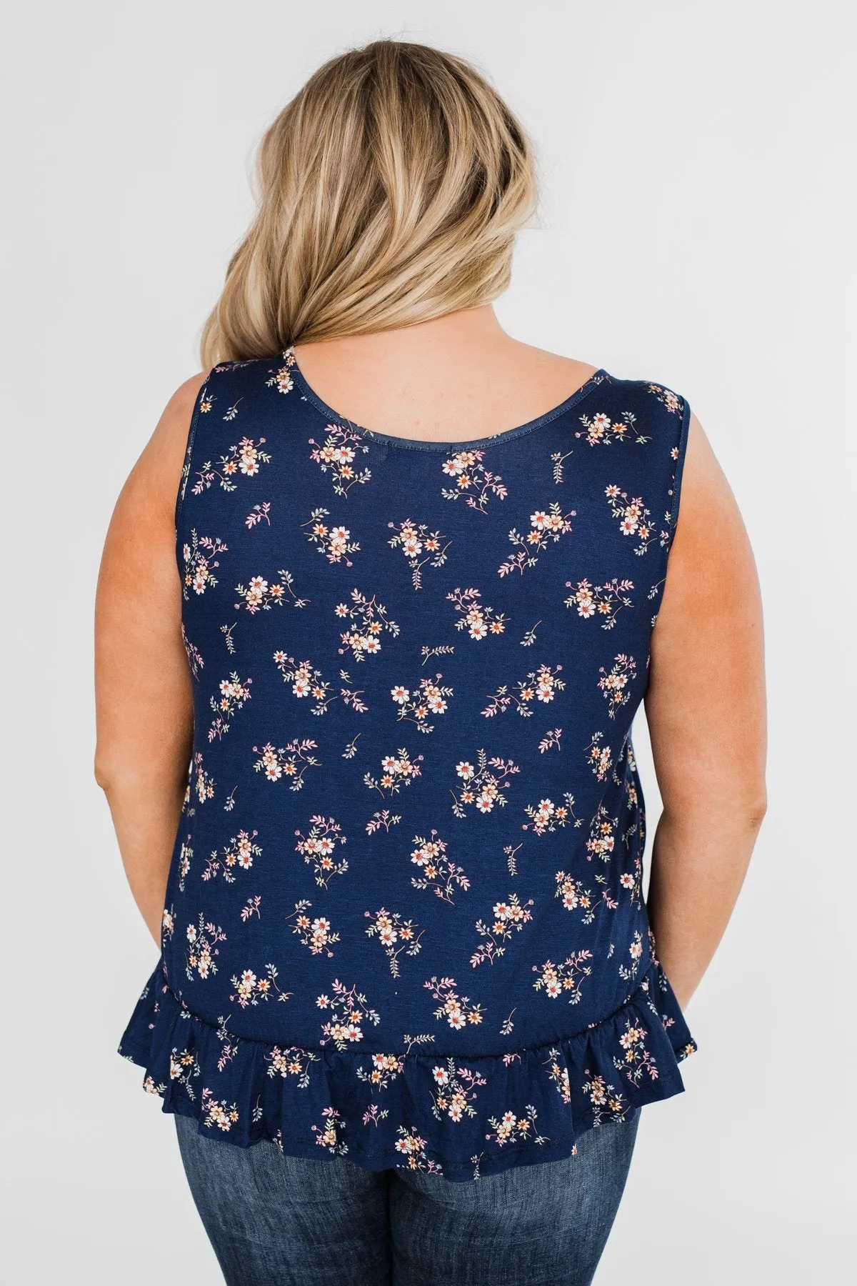 Belong With You Cinch Waist Floral Tank Top- Navy