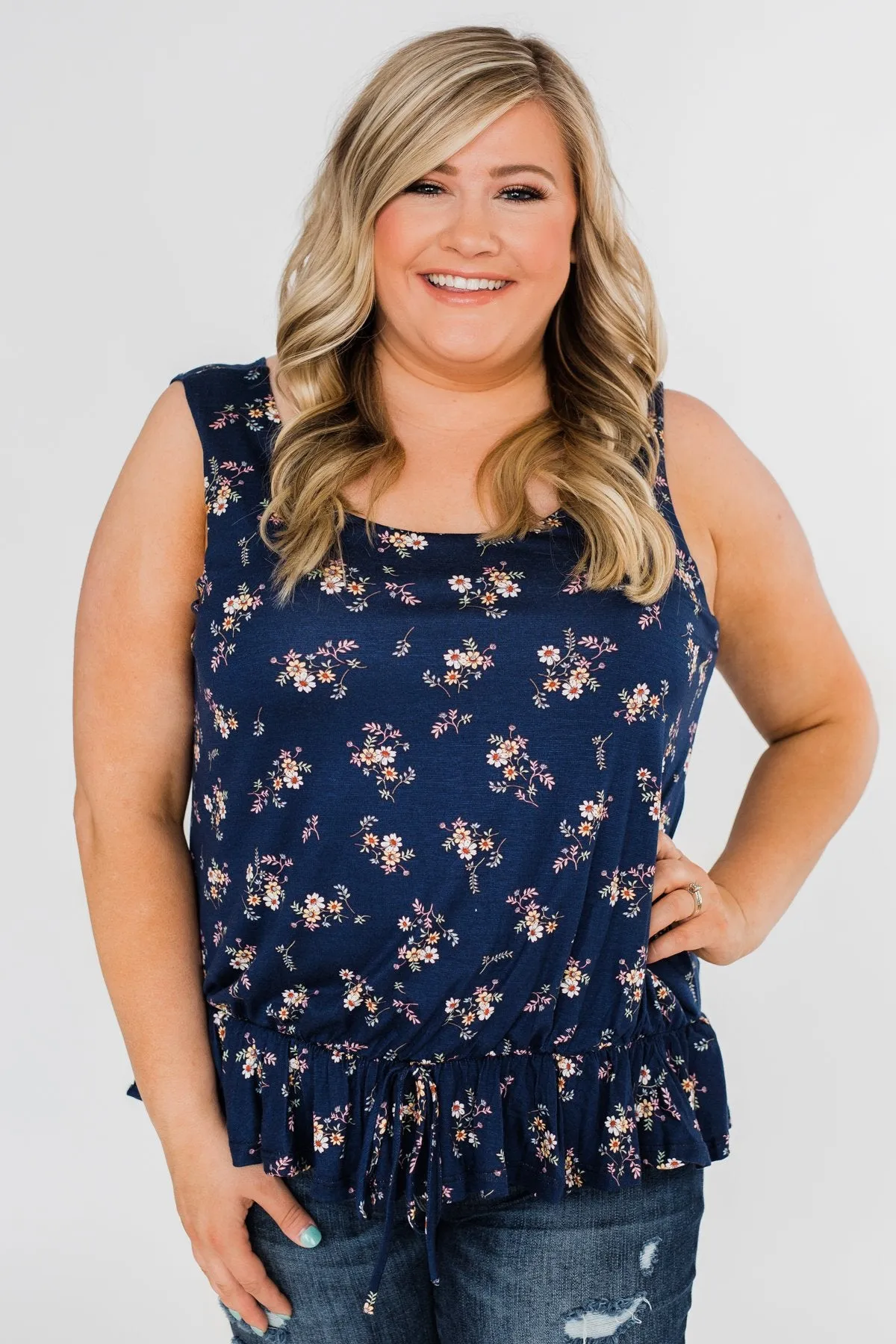 Belong With You Cinch Waist Floral Tank Top- Navy