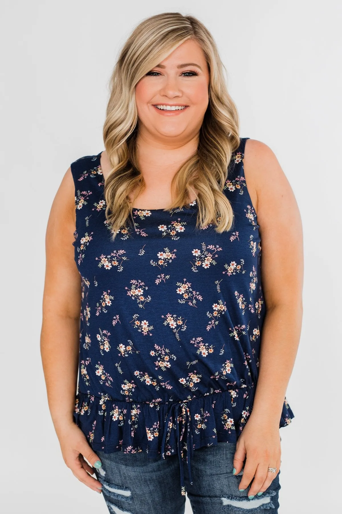 Belong With You Cinch Waist Floral Tank Top- Navy