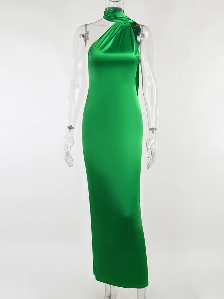 BerryBetty - Elegant Satin Backless Maxi Dress Women Gown Summer Halter Sleeveless Backless Bodycon Long Club Party Dress Vestido