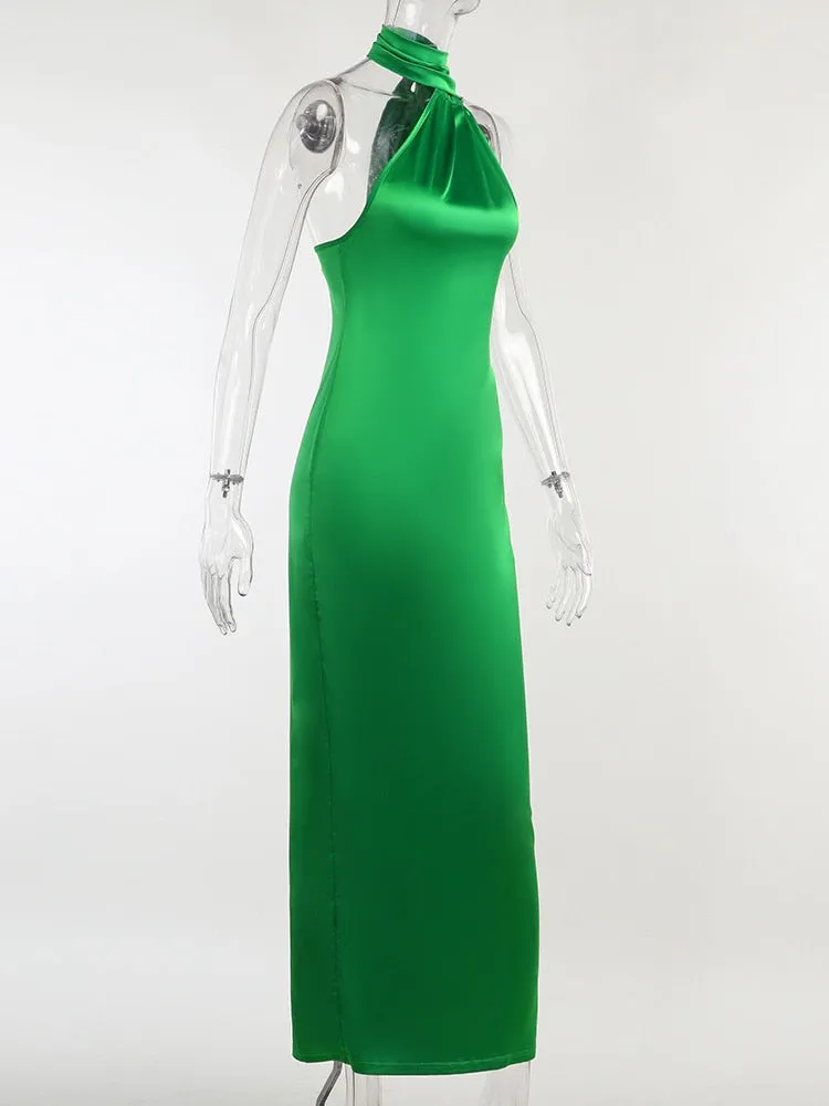 BerryBetty - Elegant Satin Backless Maxi Dress Women Gown Summer Halter Sleeveless Backless Bodycon Long Club Party Dress Vestido