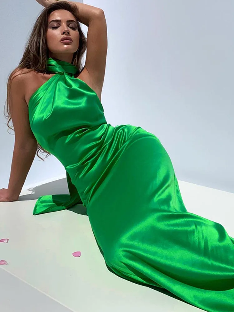 BerryBetty - Elegant Satin Backless Maxi Dress Women Gown Summer Halter Sleeveless Backless Bodycon Long Club Party Dress Vestido